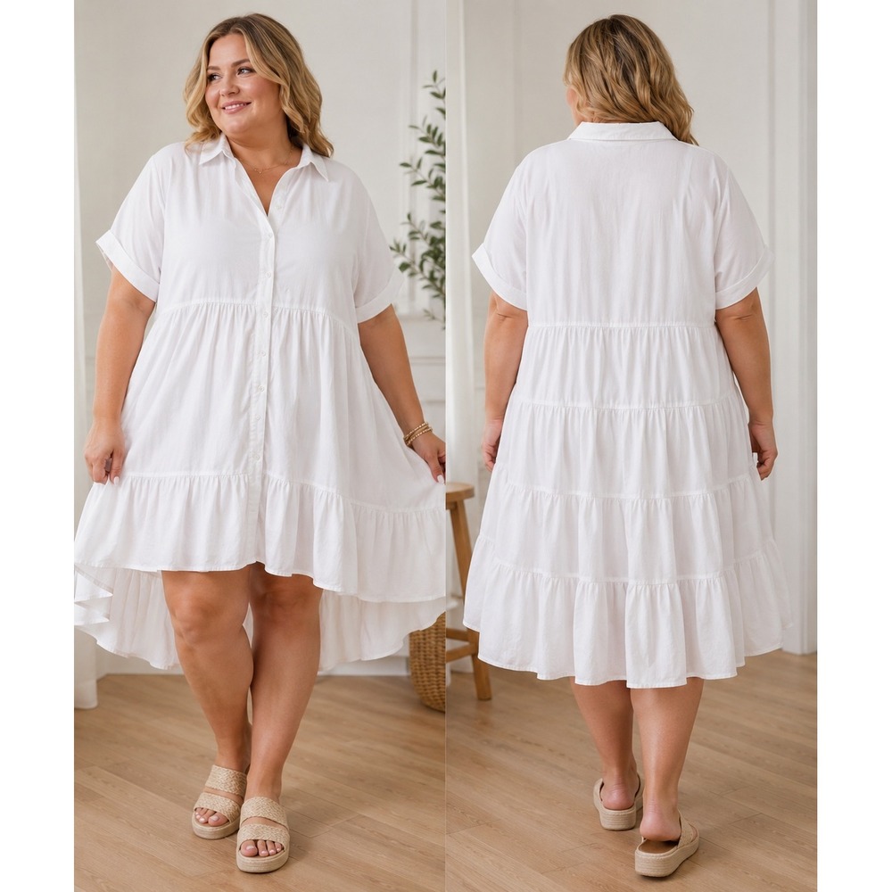 Cato White Cotton Tiered High Low Button Front Shirt Dress Plus Size 18/20W NWT